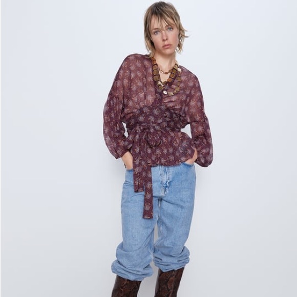 ZARA TIED PRINTED WRAP BLOUSE w/Bow (L) - Picture 7 of 8